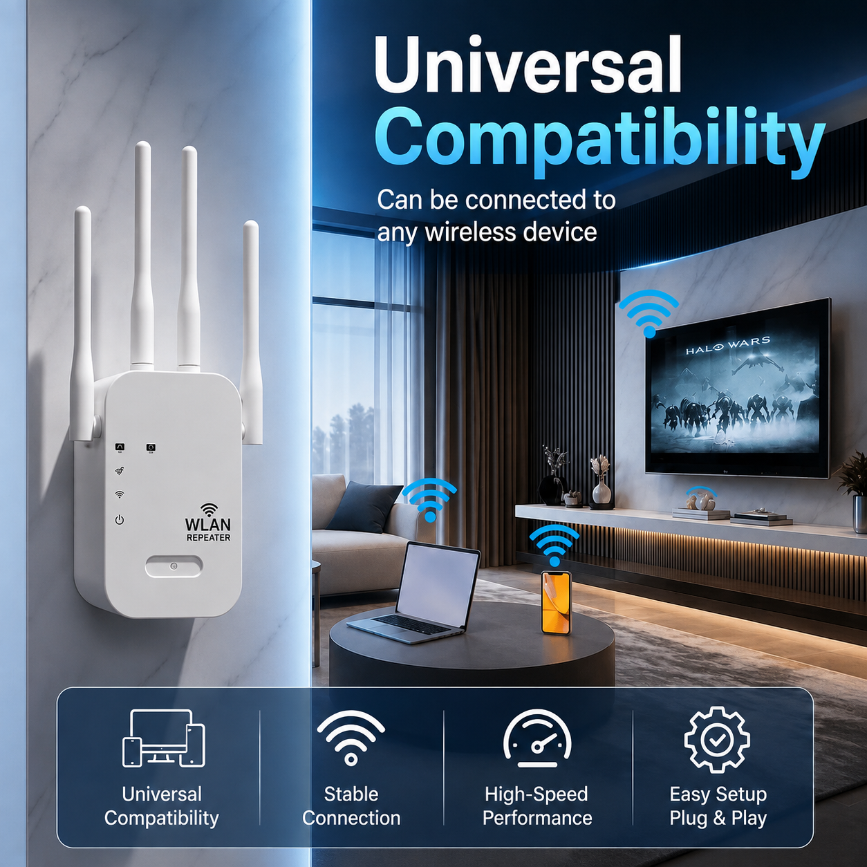 WLAN-Repeater | Dual-Band mit 4 Antennen | Erweitert die WLAN-Reichweite | RangeBoost
