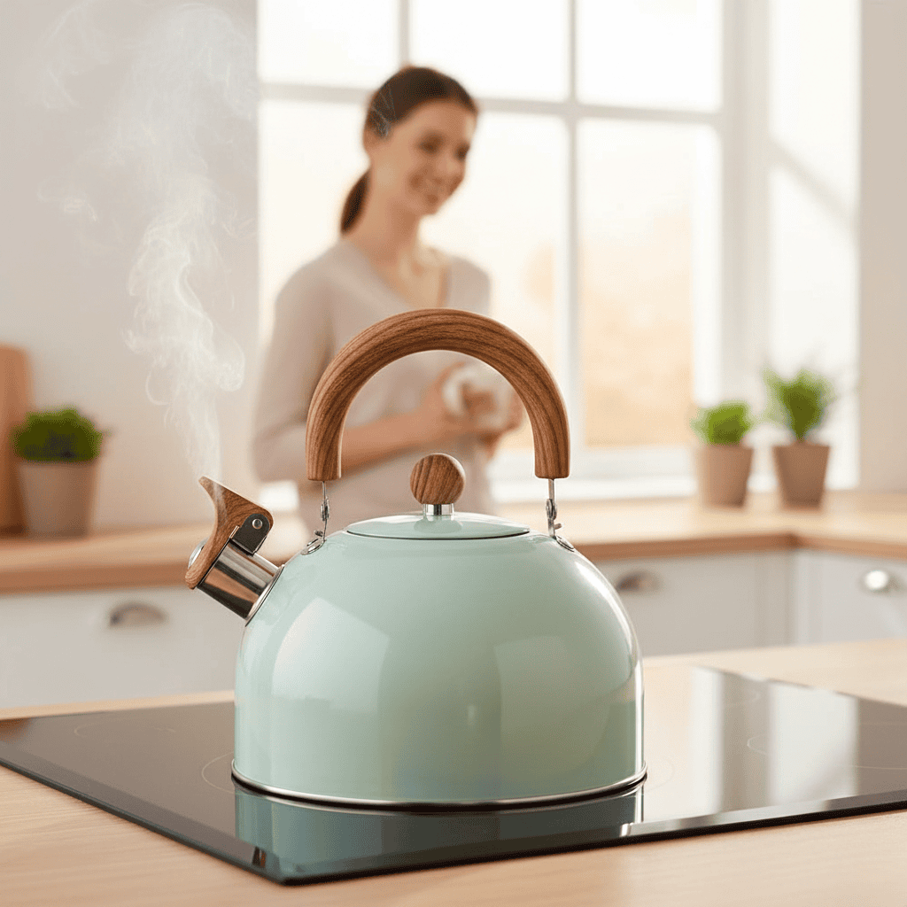 Edelstahlkessel mit Pfeifton | Ergonomischer Hitzebeständiger Griff | Für Gas- Induktions- und Elektroherden geeignet 2