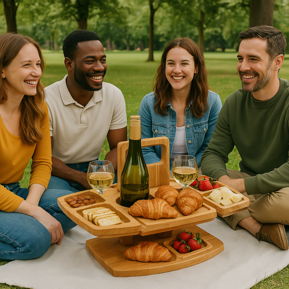 Weintisch Holz klappbar | Snackfächer | Glashalter & Flaschenhalter | Decktable