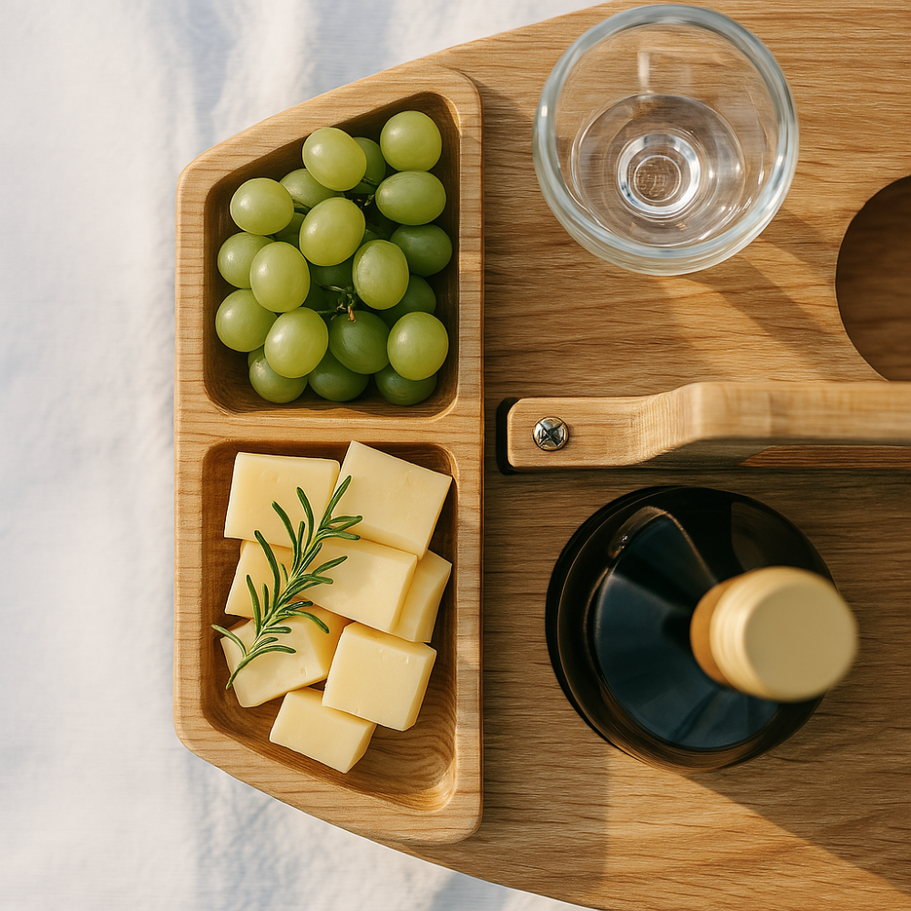 Weintisch Holz klappbar | Snackfächer | Glashalter & Flaschenhalter | Decktable