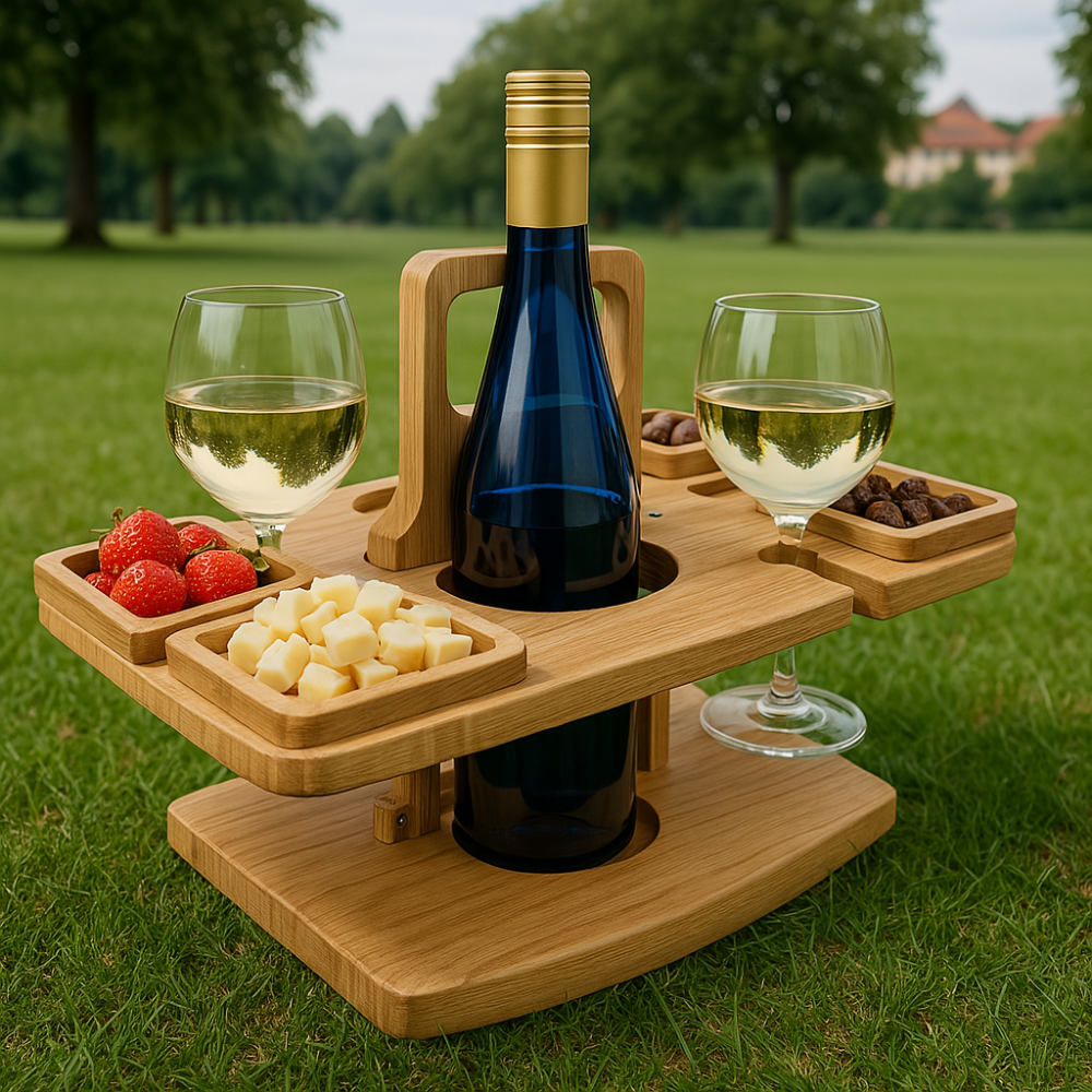 Weintisch Holz klappbar | Snackfächer | Glashalter & Flaschenhalter | Decktable