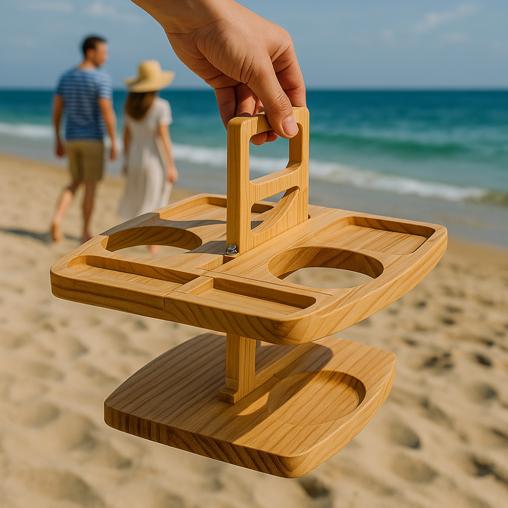 Weintisch Holz klappbar | Snackfächer | Glashalter & Flaschenhalter | Decktable