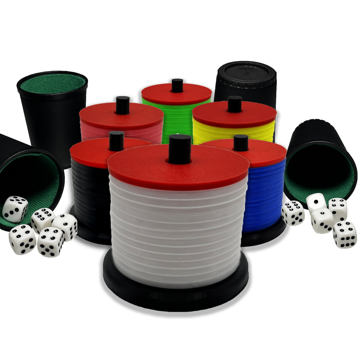 Würfel-Stapelspiel Kunststoff | 6 Farben, optional mit 4x Würfelbecher | Ø 65 mm Fuß, platzsparend & transportabel 2