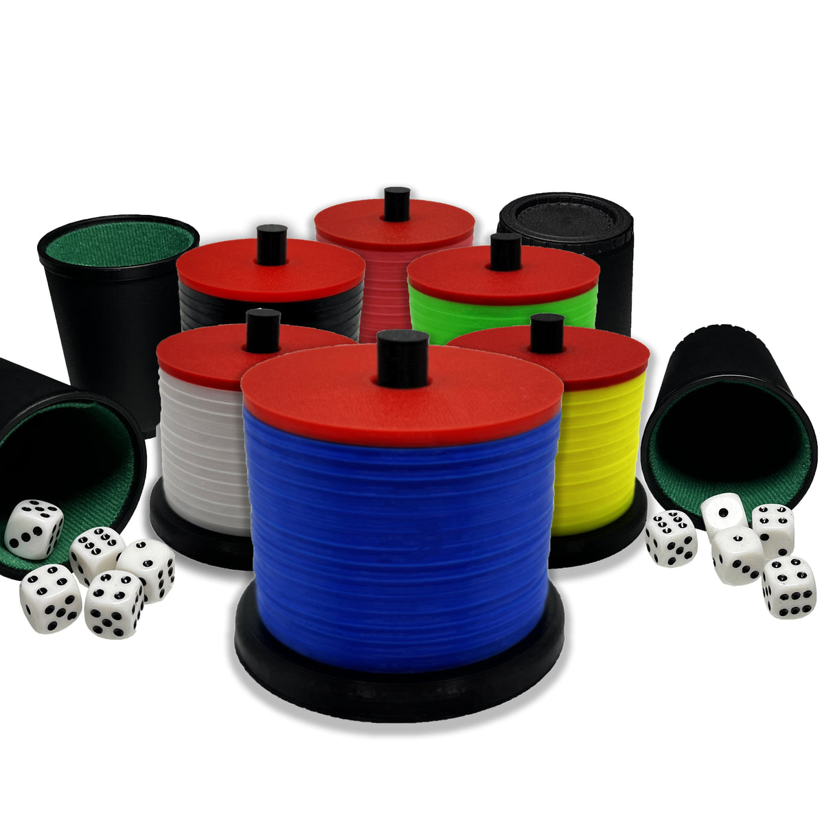 Würfel-Stapelspiel Kunststoff | 6 Farben, optional mit 4x Würfelbecher | Ø 65 mm Fuß, platzsparend & transportabel