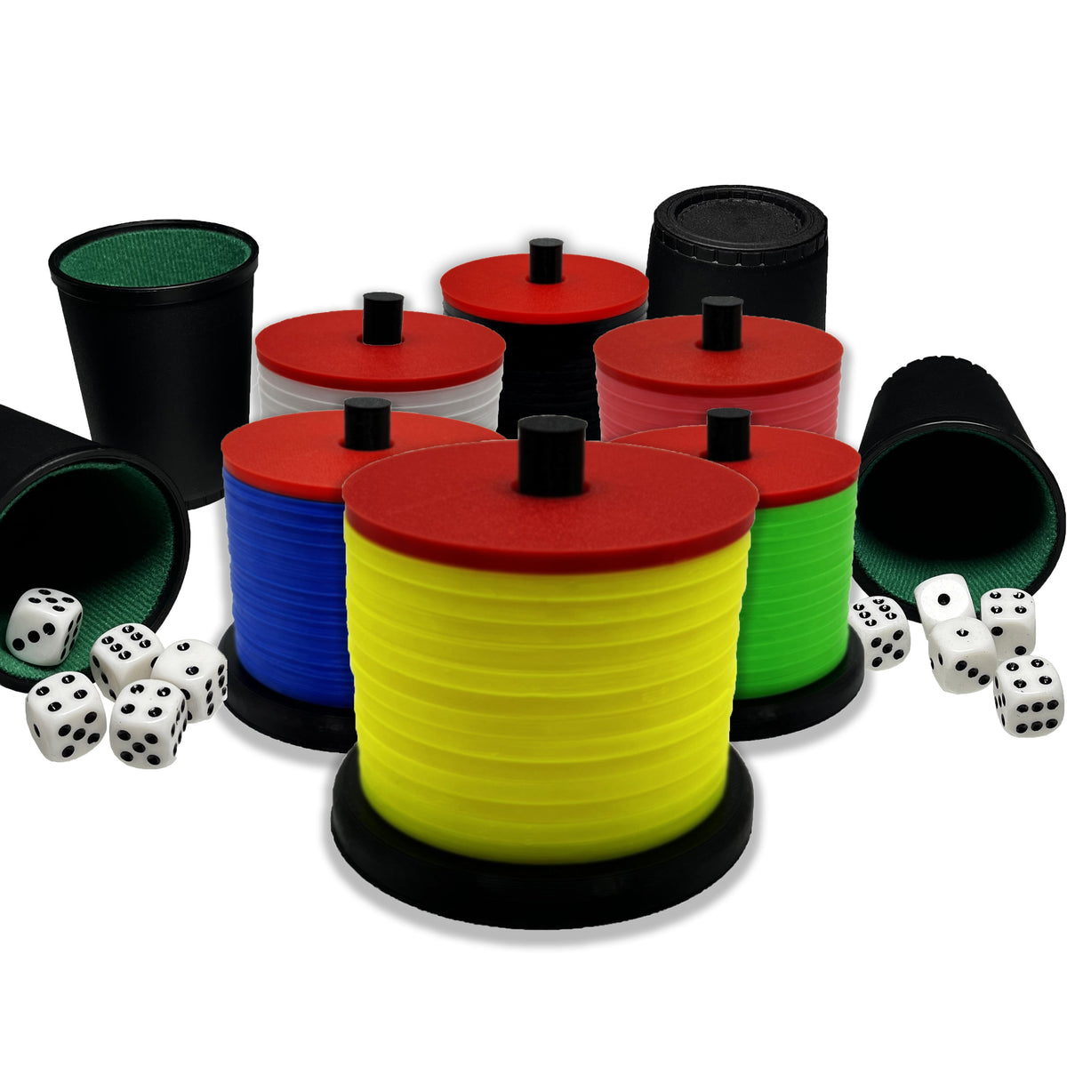 Würfel-Stapelspiel Kunststoff | 6 Farben, optional mit 4x Würfelbecher | Ø 65 mm Fuß, platzsparend & transportabel
