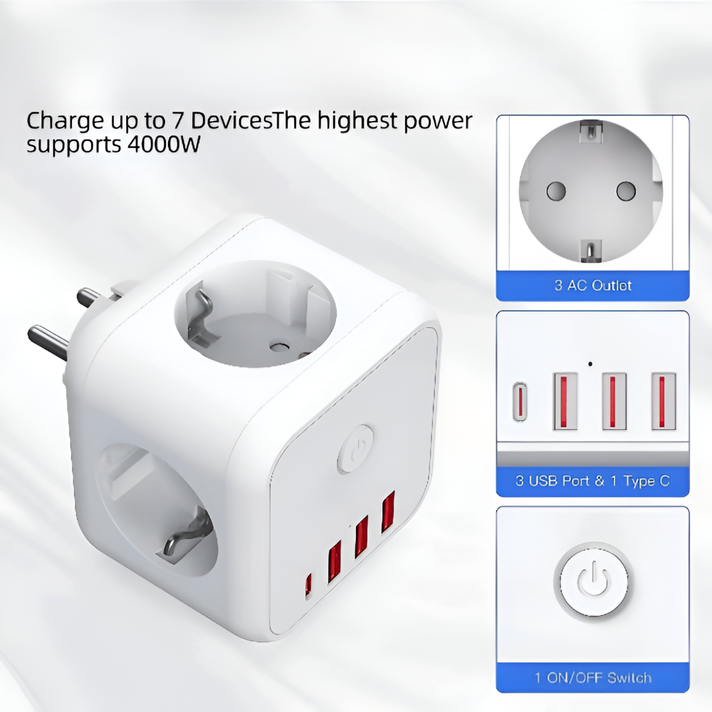Würfel-Steckdosenleiste | Mehrfachsteckdose | Überlastschutz mit Ein Aus Schalter | PowerCube