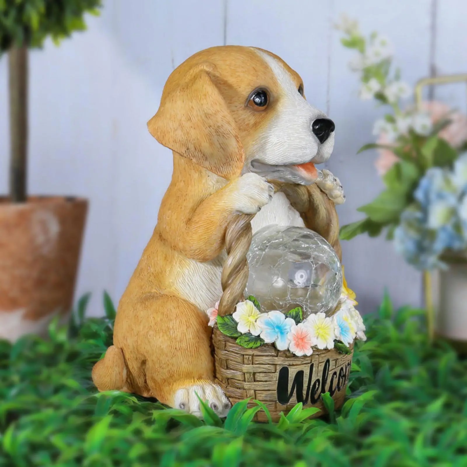 Escultura de perro solar con LED | Resina | Decoración de jardín resistente al clima | Perro solar