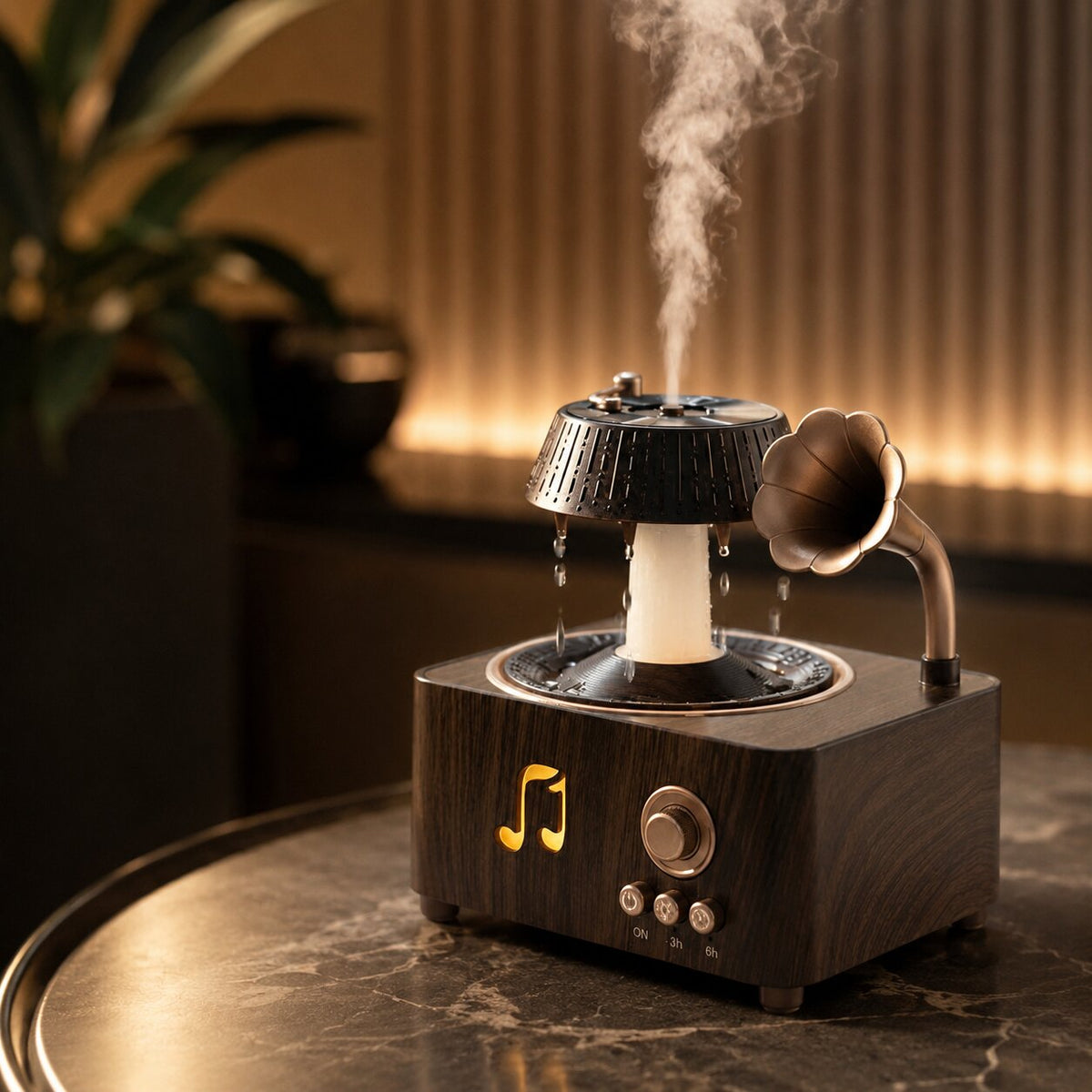 Aroma Diffuser Grammophon Design | Regen Effekt, Vintage Holzoptik, Timer & LED Licht | Ätherische Öle & Nebel 6