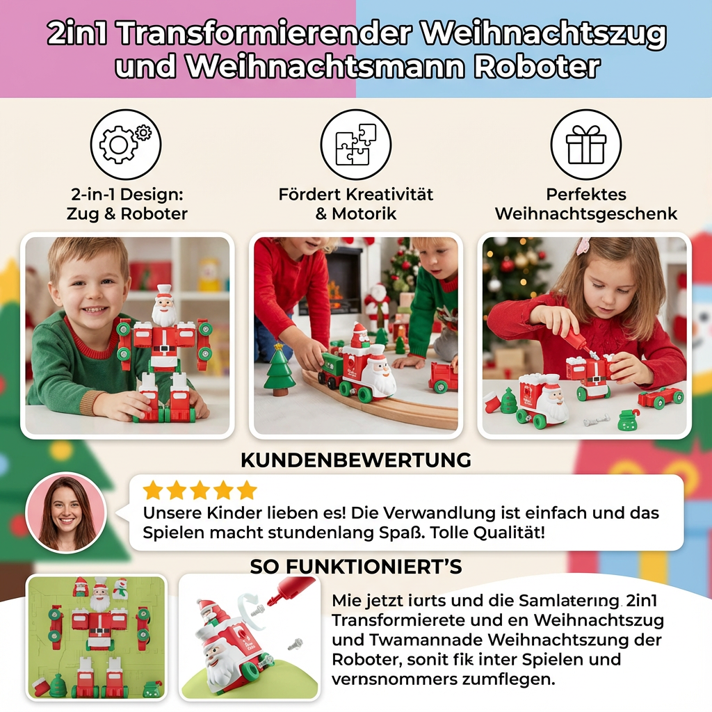 Transformierender Weihnachtszug Roboter | 2in1 Verwandlung ohne Werkzeug | Leuchtende Weihnachtsdetails für Kinder 4