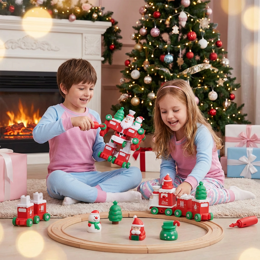 Transformierender Weihnachtszug Roboter | 2in1 Verwandlung ohne Werkzeug | Leuchtende Weihnachtsdetails für Kinder 1