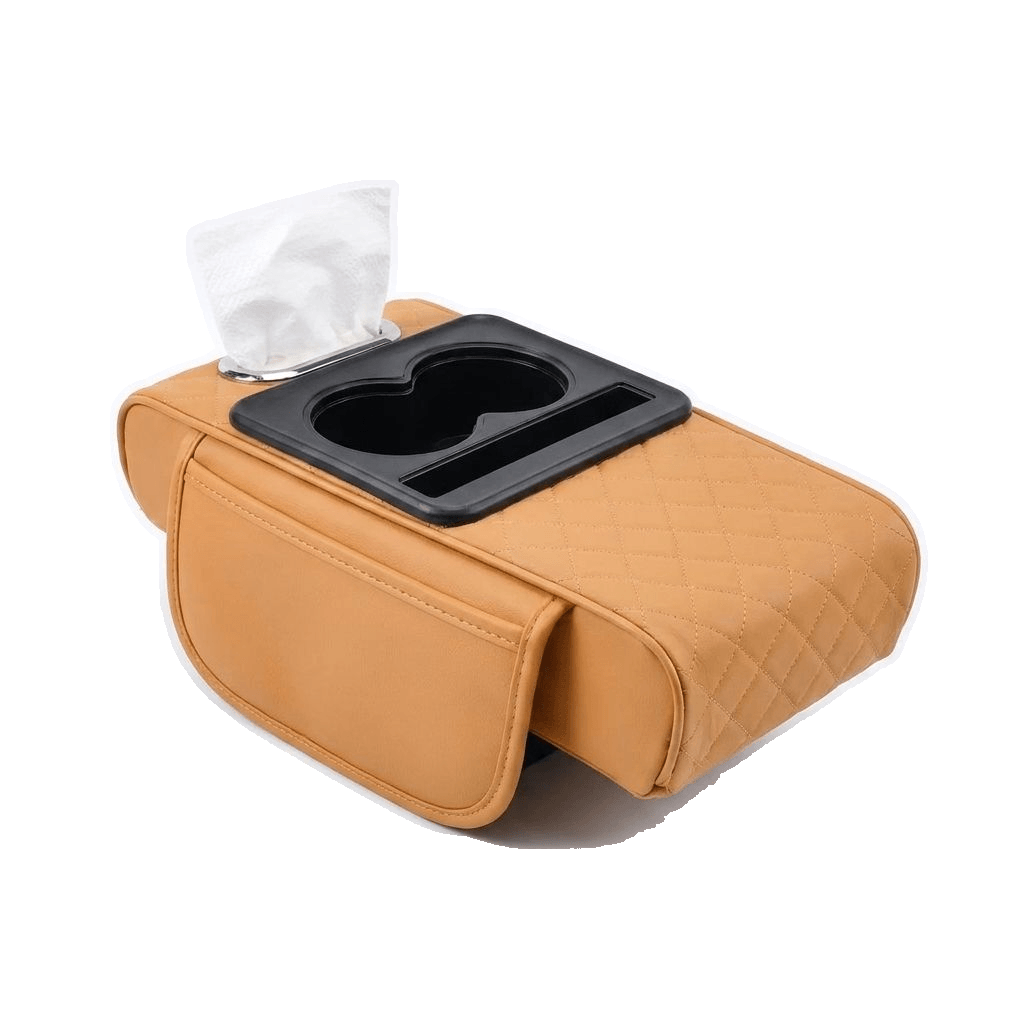 Auto Armlehnen Organizer gepolstert Nappa-Kunstleder | 5 Farben: Orange, Schwarz, Grau, Beige | Becherhalter & Taschentuchfach 3