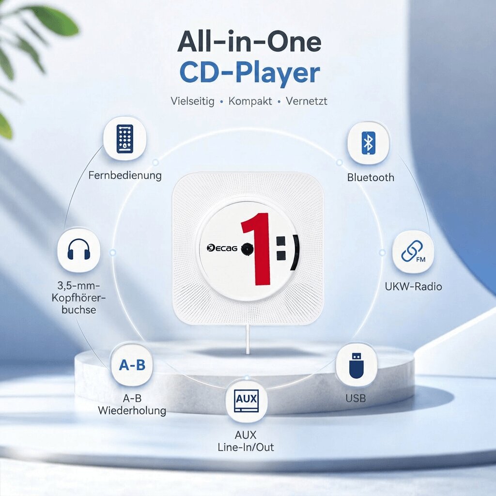 CD Player zur Wandmontage | Bluetooth 4.2 Lautsprecher mit AUX und USB | Radio, CD und Fernbedienung inklusive 8