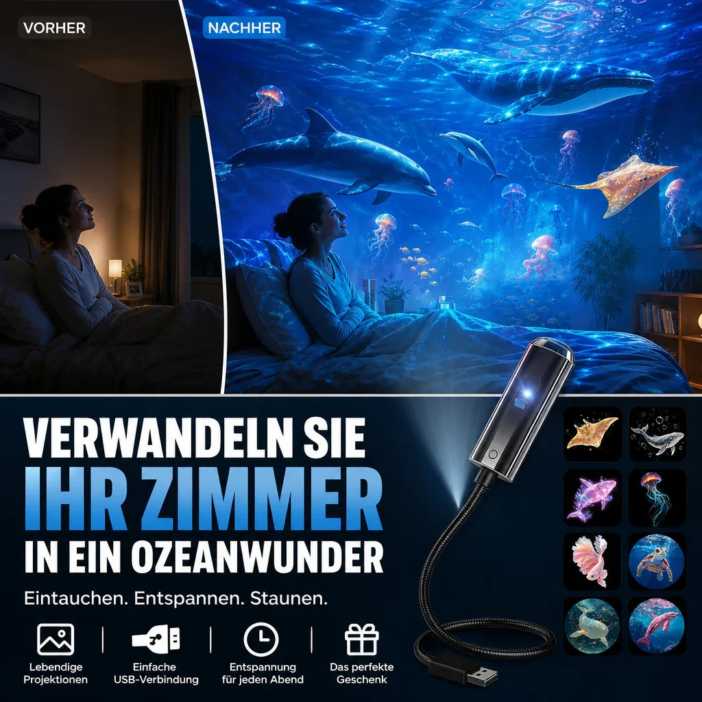LED Sternenprojektor mit 10 Projektionsfolien | 360° drehbarer Projektionskopf | Sterne, Galaxie & Ozean an der Decke 9
