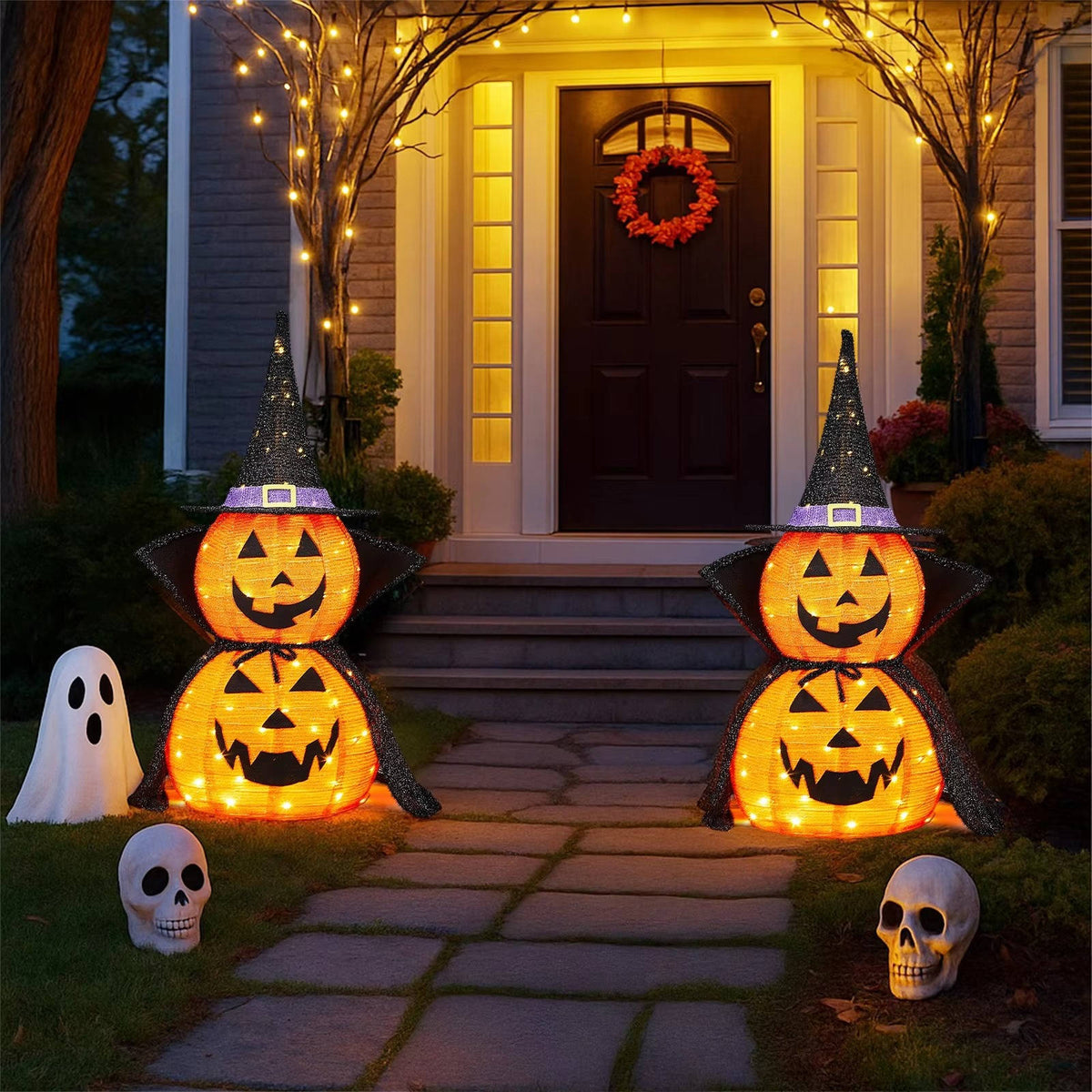 Leuchtende Halloween Kürbis Gartendeko | 2er Set mit 176 LEDs pro Kürbis | Faltbar & Wetterfest für Innen und Außen 2