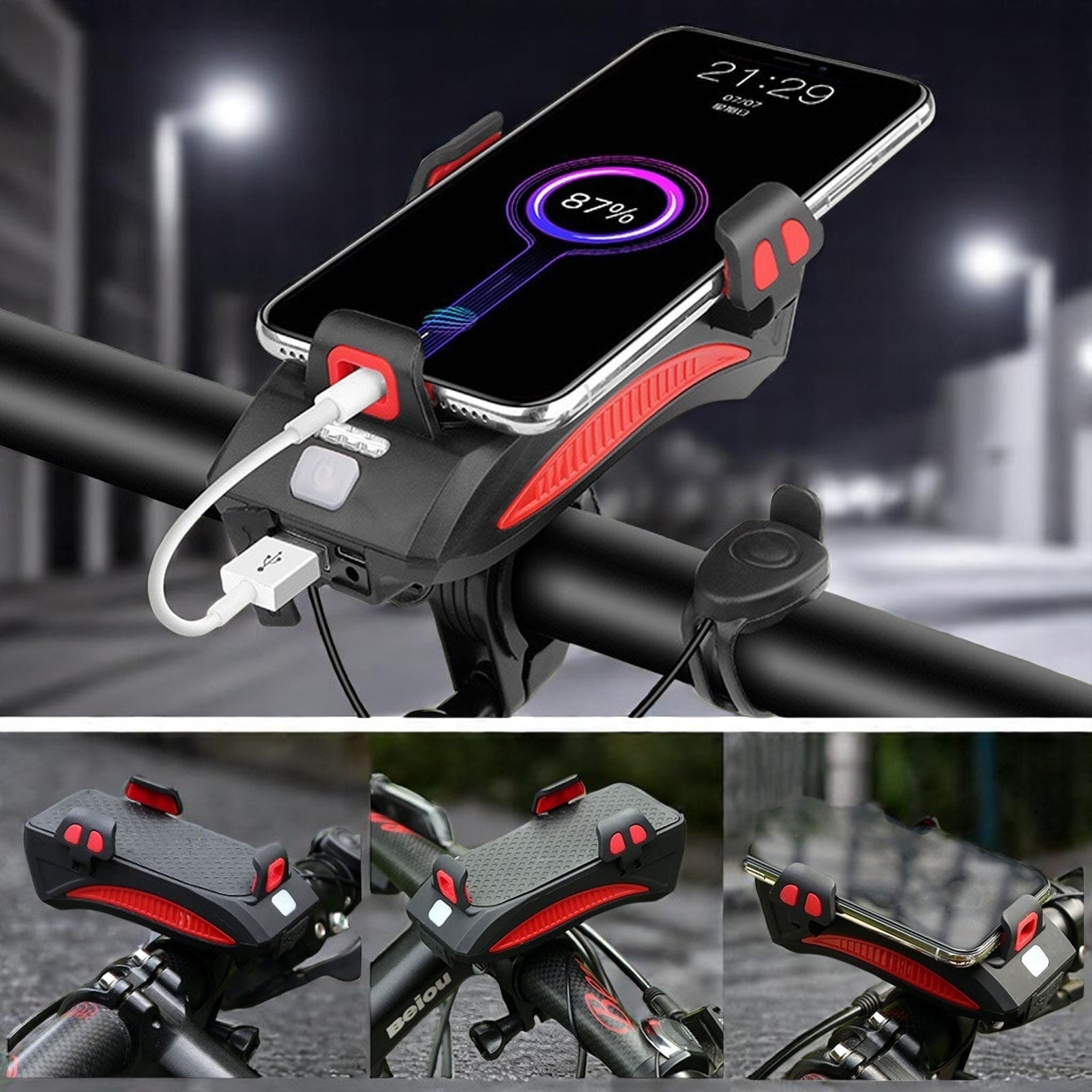 Cykellygte med mobilholder | LED-forlygte | Powerbank og horn | RideBeam