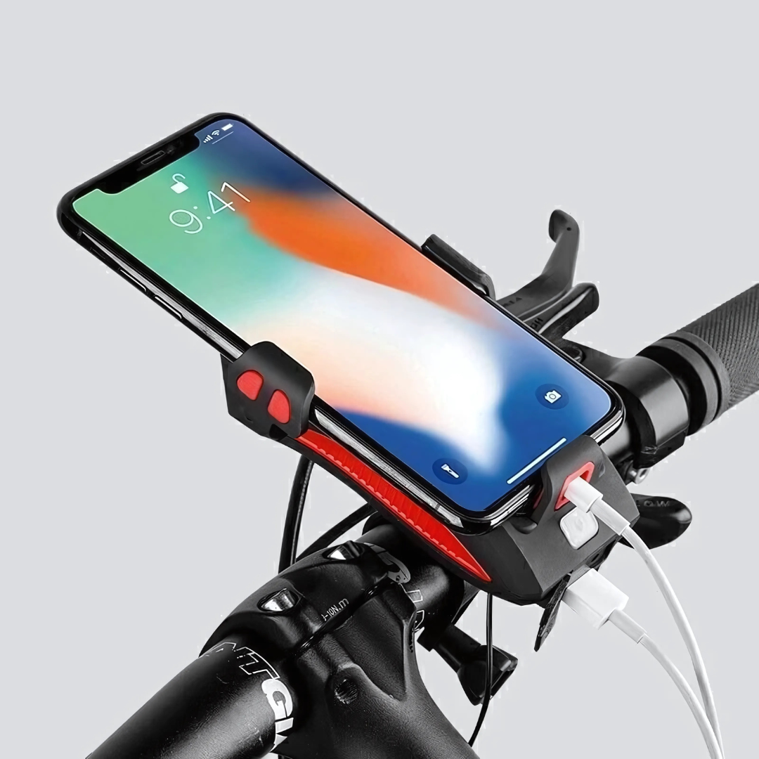 Cykellygte med mobilholder | LED-forlygte | Powerbank og horn | RideBeam