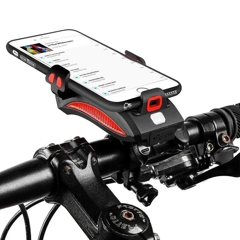 Cykellygte med mobilholder | LED-forlygte | Powerbank og horn | RideBeam