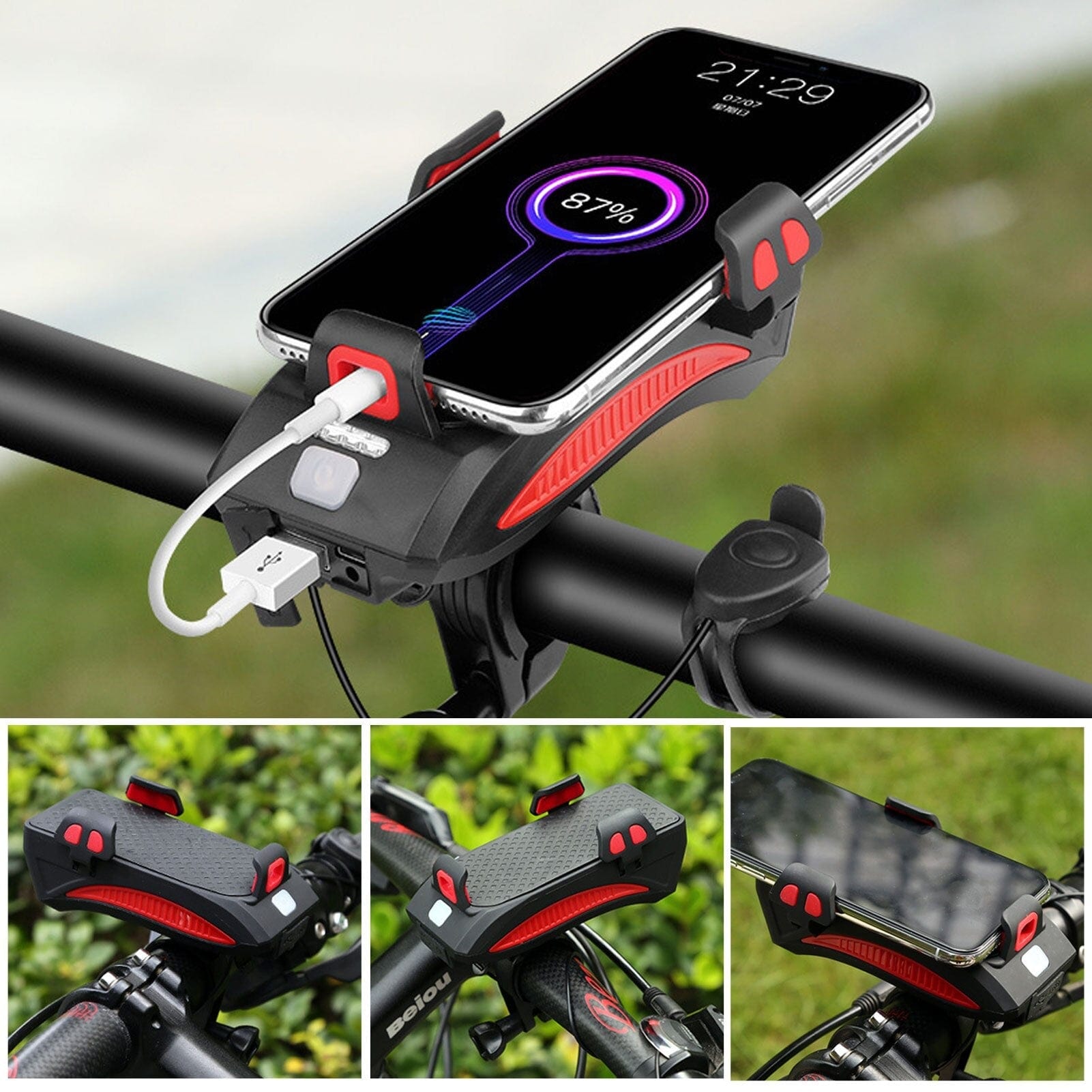 Cykellygte med mobilholder | LED-forlygte | Powerbank og horn | RideBeam