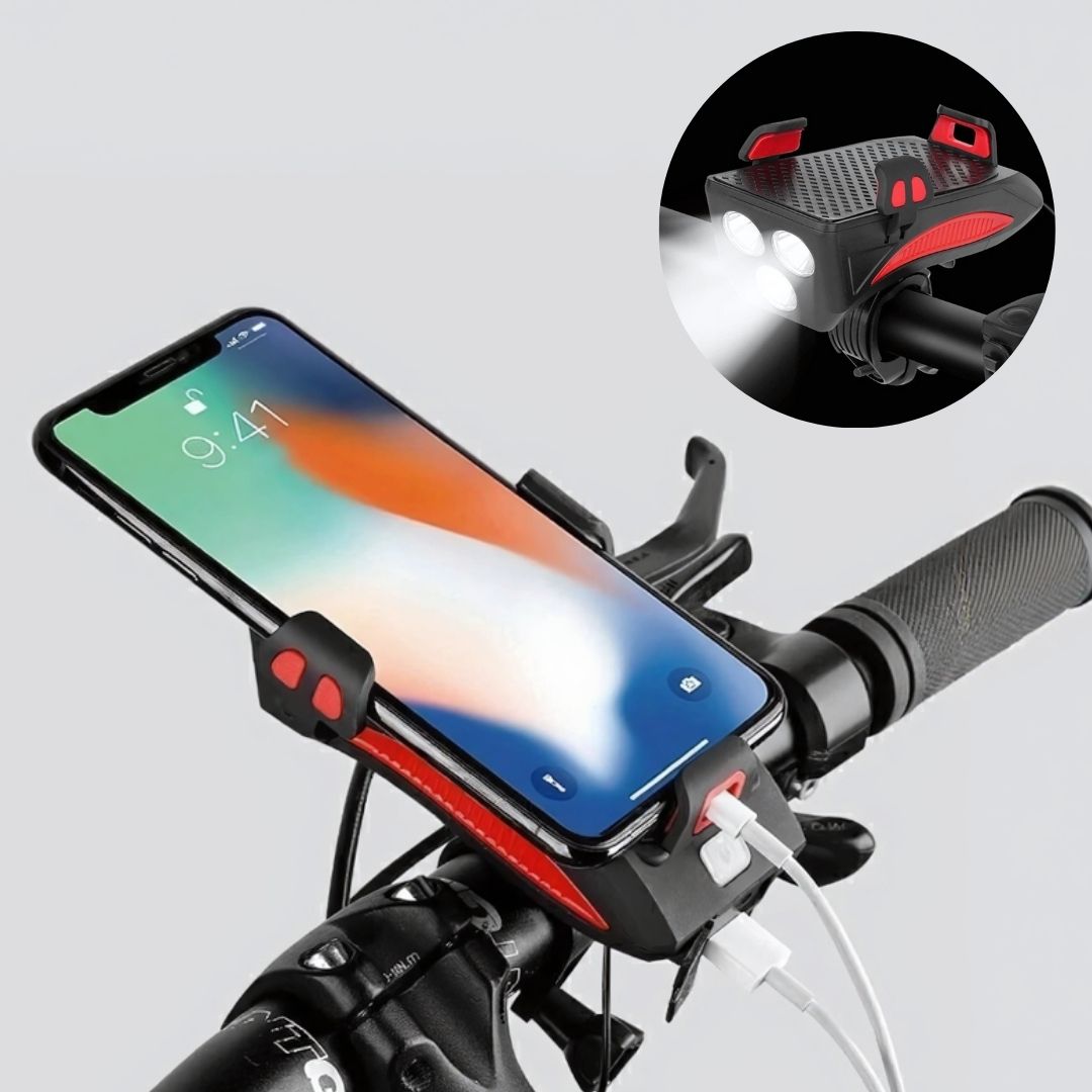 Cykellygte med mobilholder | LED-forlygte | Powerbank og horn | RideBeam
