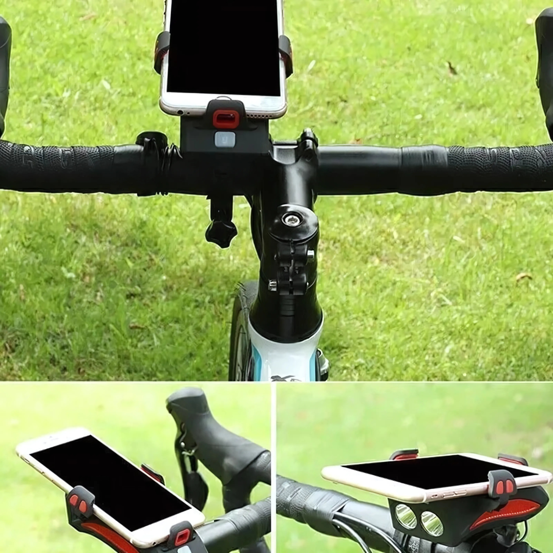 Cykellygte med mobilholder | LED-forlygte | Powerbank og horn | RideBeam