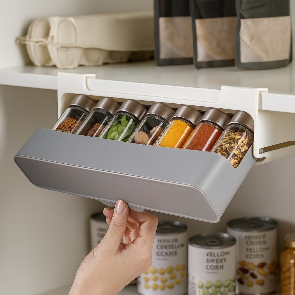 Unterregal-Gewürzorganizer aus Kunststoff | Für bis zu 7 Gewürzgläser inklusive 6 Gläser | Klebemontage ohne Bohren 1