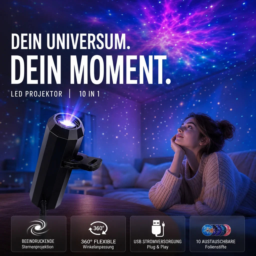 LED Sternenprojektor mit 10 Projektionsfolien | 360° drehbarer Projektionskopf | Sterne, Galaxie & Ozean an der Decke 10