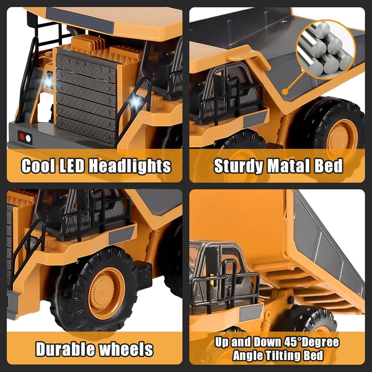 4WD Ferngesteuerter Bagger Bulldozer Kipper Metall | 3 Motoren, 680 Grad Drehung | Raupenketten für Sand und Schotter 16