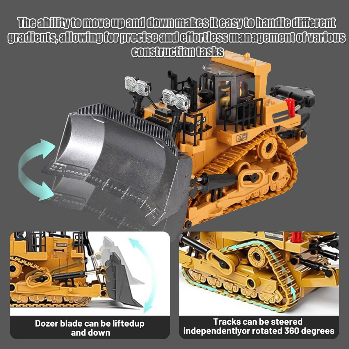 4WD Ferngesteuerter Bagger Bulldozer Kipper Metall | 3 Motoren, 680 Grad Drehung | Raupenketten für Sand und Schotter 10