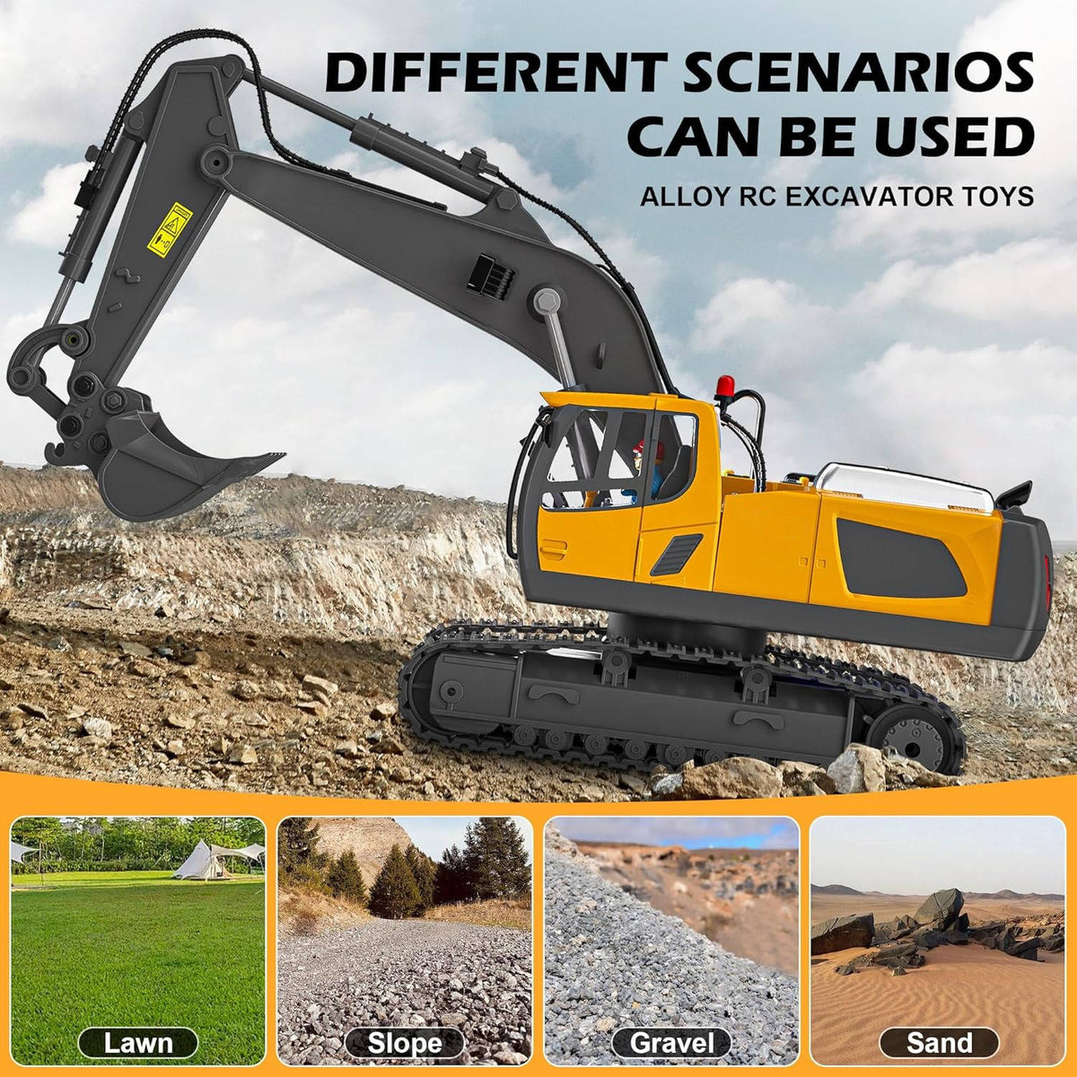 4WD Ferngesteuerter Bagger Bulldozer Kipper Metall | 3 Motoren, 680 Grad Drehung | Raupenketten für Sand und Schotter 3