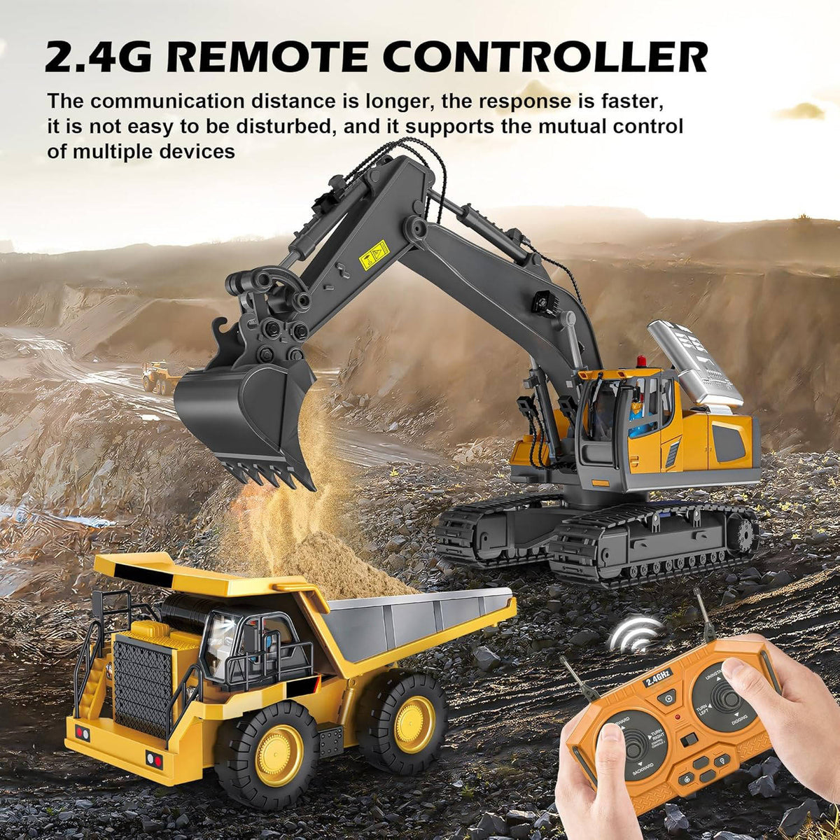 4WD Ferngesteuerter Bagger Bulldozer Kipper Metall | 3 Motoren, 680 Grad Drehung | Raupenketten für Sand und Schotter 4