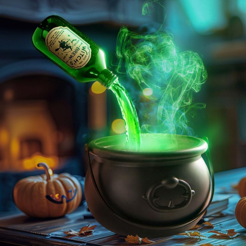Hexenkessel Halloween Deko | Schwebende Zaubertrankflasche mit Nebeleffekt | USB-Komplettset mit Skelett-Requisiten 1