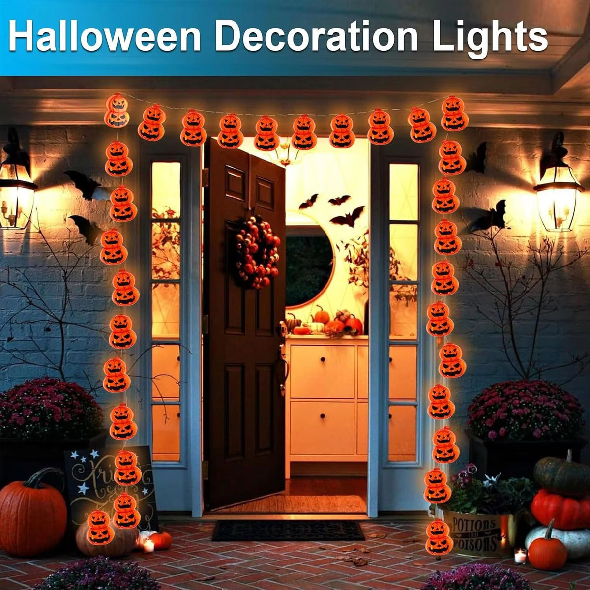LED Kürbis Lichterkette Halloween | Batteriebetrieben, 10 oder 20 Leuchten | Wetterfest für Garten, Terrasse & Party