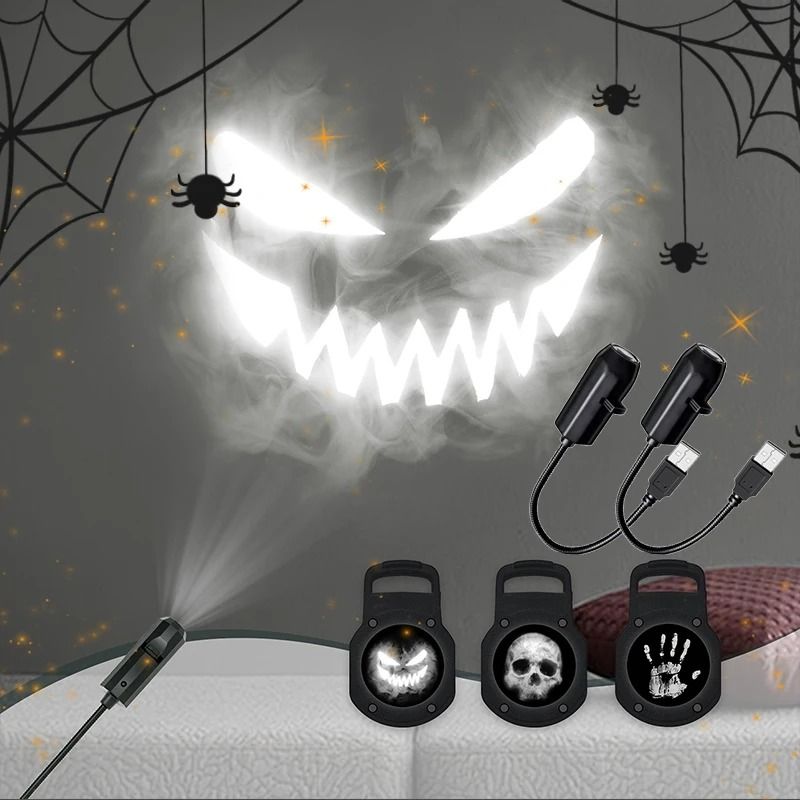 Halloween Projektor Licht Skull & Geist | 360 Grad Rotation, USB-betrieben | Wechselbare Motive für Innen und Außen 1