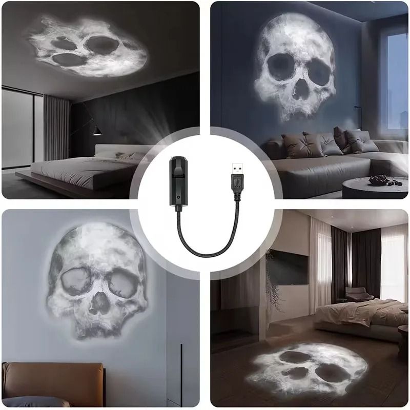 Halloween Projektor Licht Skull & Geist | 360 Grad Rotation, USB-betrieben | Wechselbare Motive für Innen und Außen 6