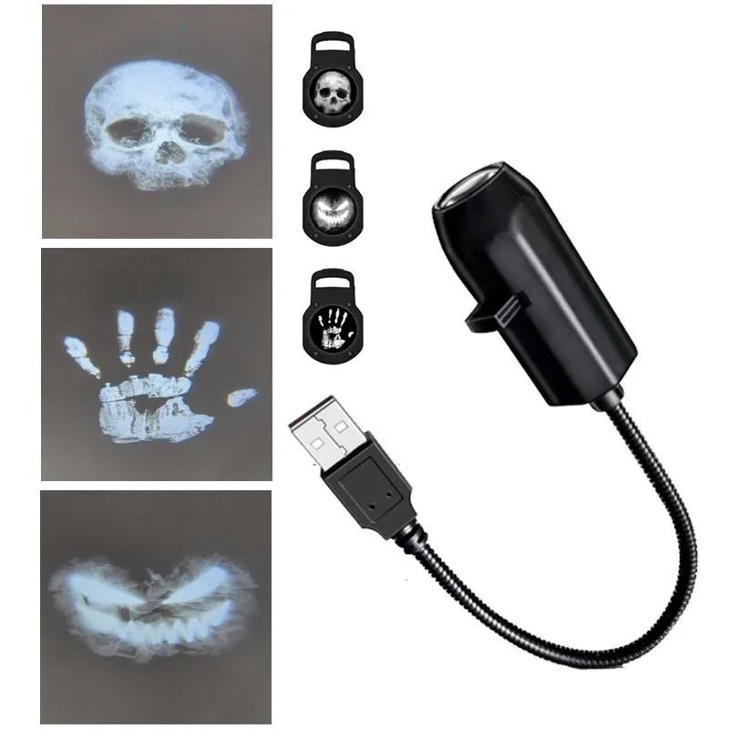 Halloween Projektor Licht Skull & Geist | 360 Grad Rotation, USB-betrieben | Wechselbare Motive für Innen und Außen 7