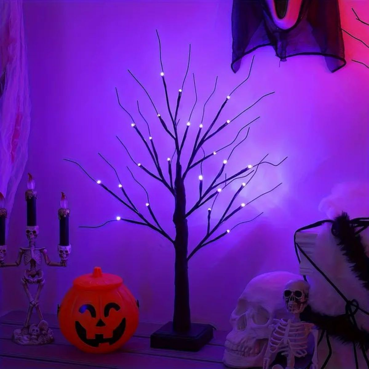 LED-Lichterbaum für Halloween | 24 LED-Lichter, biegsame Äste | USB- oder Batteriebetrieb, drinnen und draußen einsetzbar 5