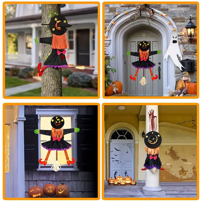 Halloween Hexe Kletterfigur Baumdeko | Für Innen und Außen geeignet | Leichte Hängedeko für Baum, Regal und Fensterbank
