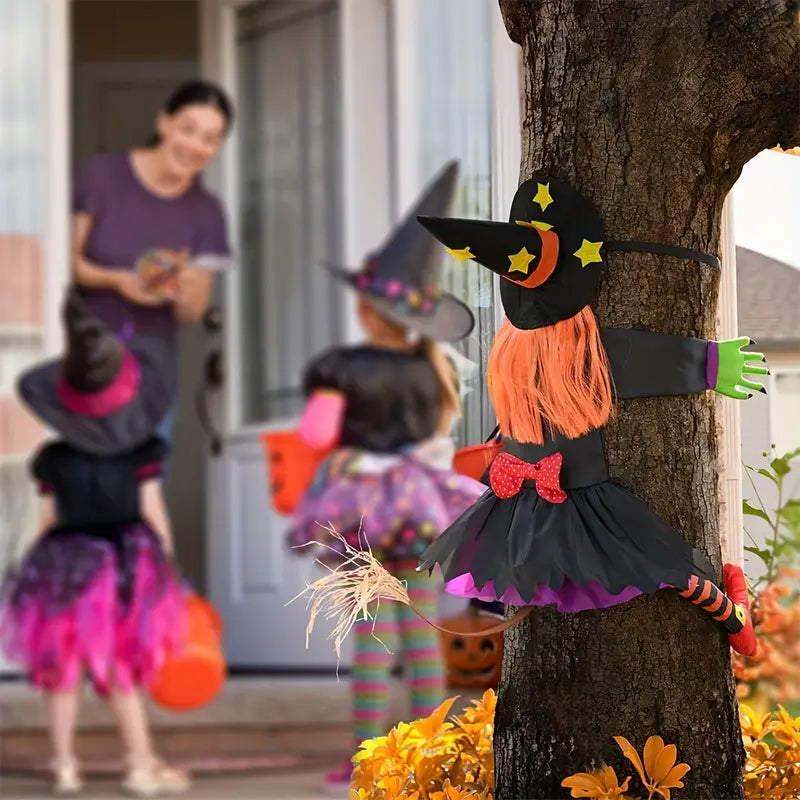 Halloween Hexe Kletterfigur Baumdeko | Für Innen und Außen geeignet | Leichte Hängedeko für Baum, Regal und Fensterbank