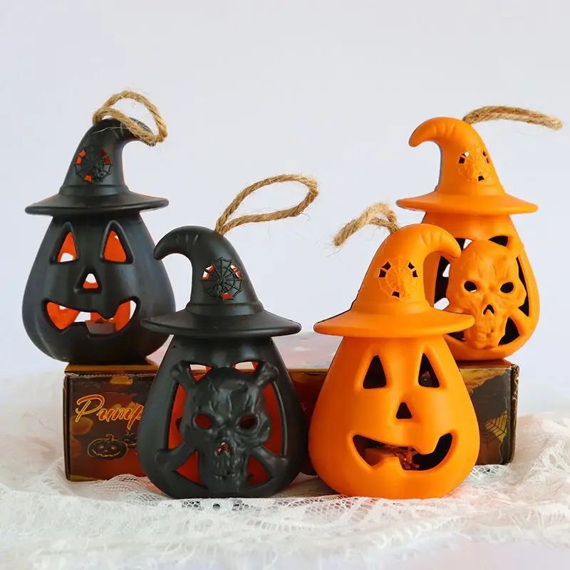 Kürbis Totenkopf LED Laterne Halloween Deko | Batteriebetrieben, Flammenlos | Tragbare Party- und Zimmerbeleuchtung