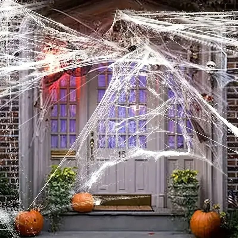Spinnennetz Deko Halloween | Dehnbares Baumwollgewebe für Wände, Türen & Möbel | Wiederverwendbare Gruselwebdeko 11