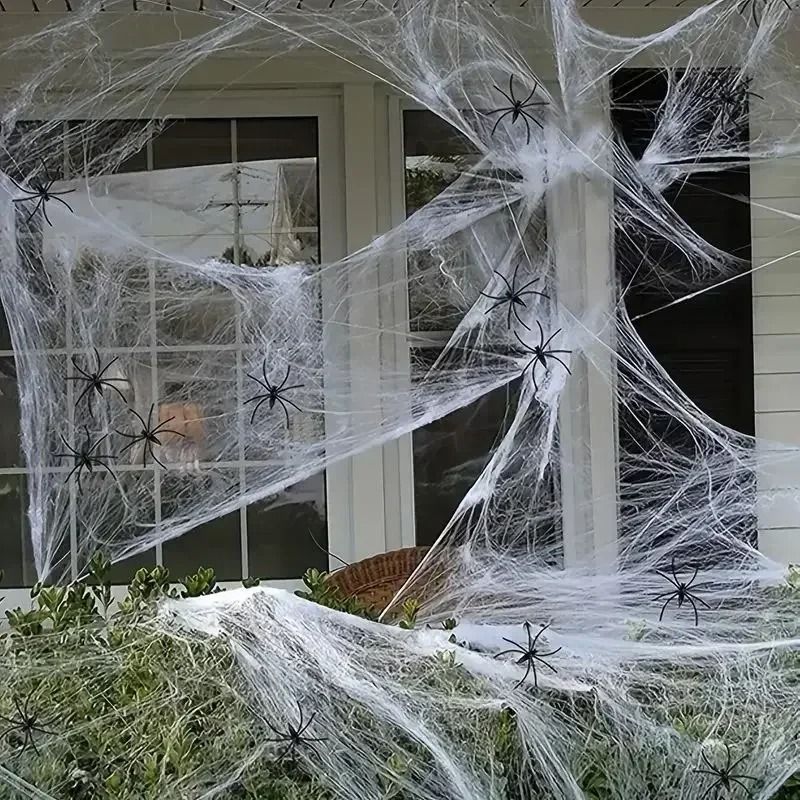 Spinnennetz Deko Halloween | Dehnbares Baumwollgewebe für Wände, Türen & Möbel | Wiederverwendbare Gruselwebdeko 12