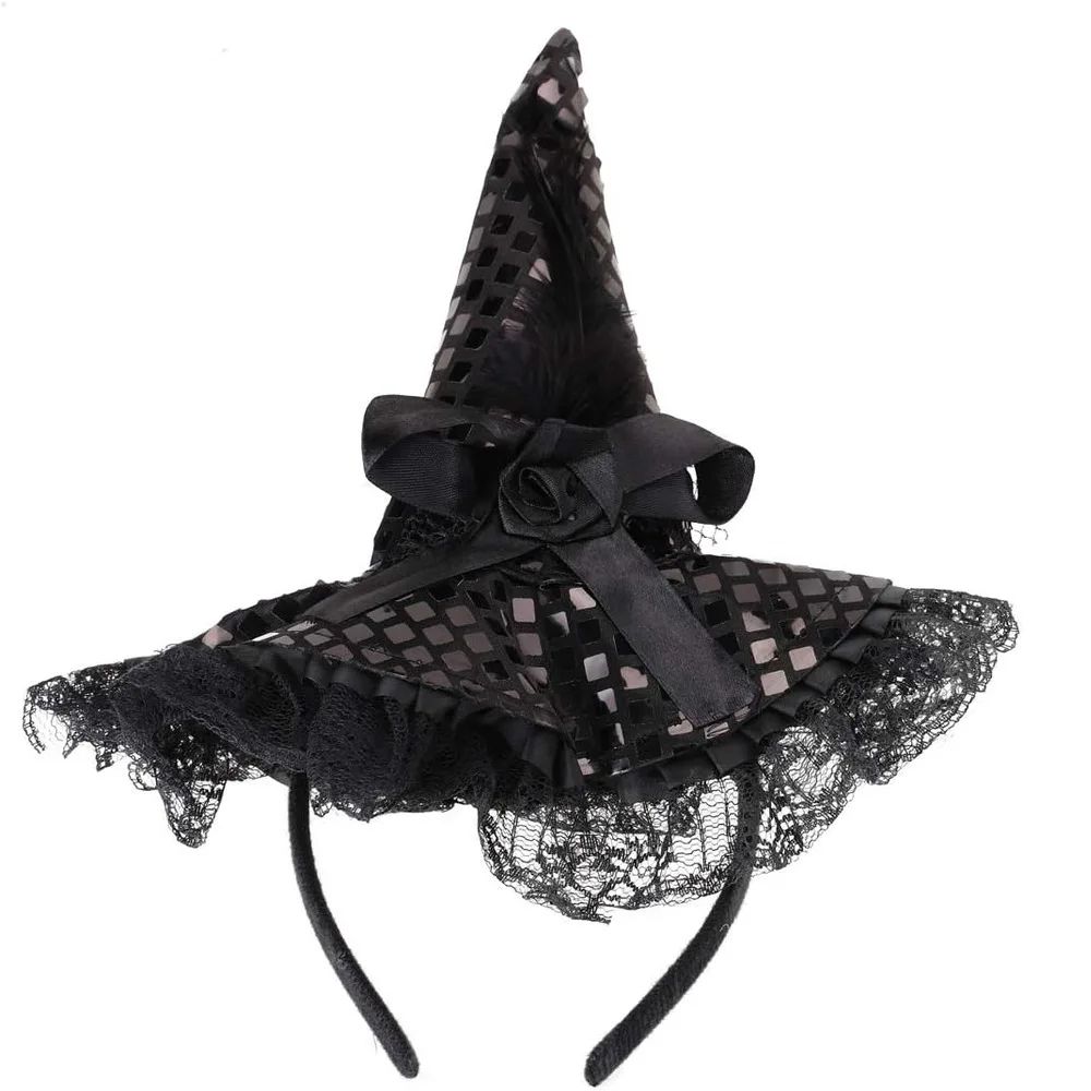 Gotischer Hexenhut Halloween | Federn, Spitzenbesatz & Schleife | Formstabil für Kostüm, Cosplay und Party-Deko 1