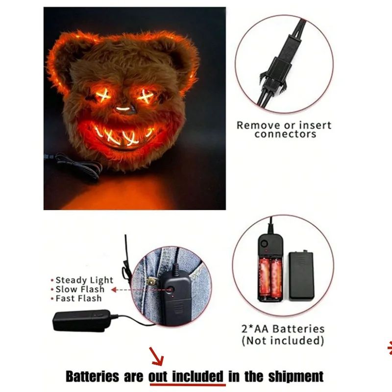 LED Horror Maske Halloween | Leuchtende Augen, Hase oder Bär | Batteriebetrieben für Partys, Cosplay und Bühnenauftritte 6