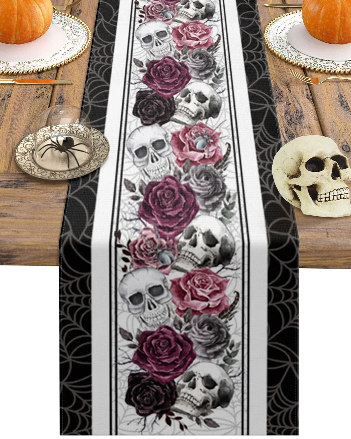 Halloween Tischläufer Totenkopf Rosen Krähen | Gotik Vintage Design | Robuster Leinen-Mischgewebe für Partydeko 1