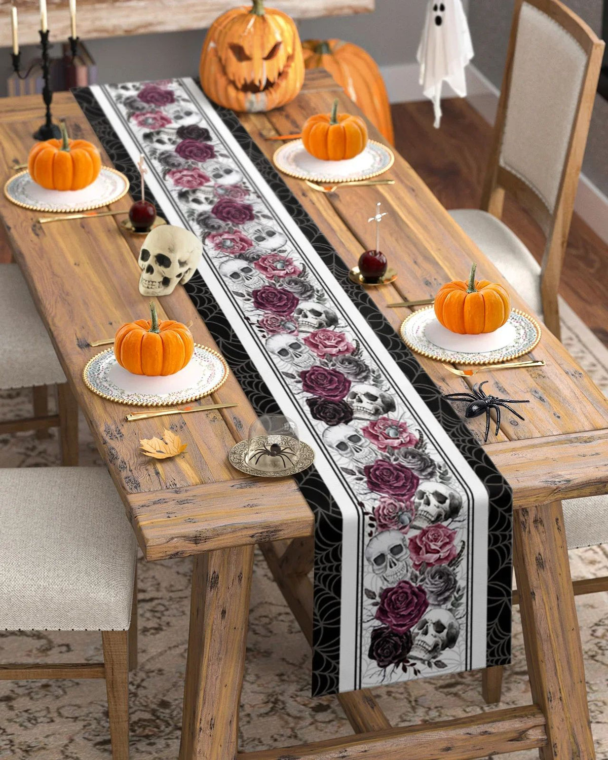 Halloween Tischläufer Totenkopf Rosen Krähen | Gotik Vintage Design | Robuster Leinen-Mischgewebe für Partydeko 5