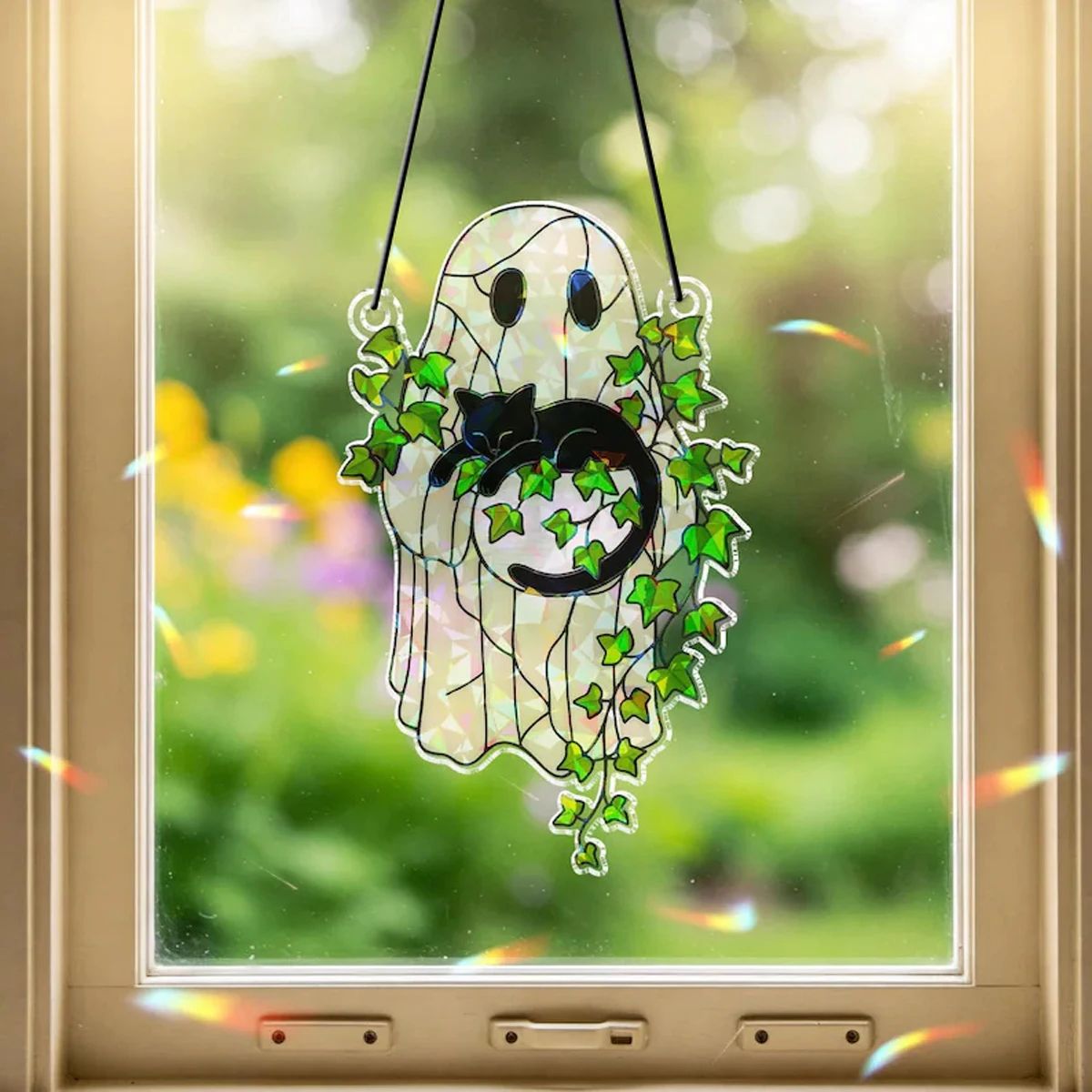 Halloween Suncatcher Fensterbild | Geist mit Katze & Blatt-Motiv | Acryl-Anhänger, lichtdurchlässig für Fenster & Wand 1