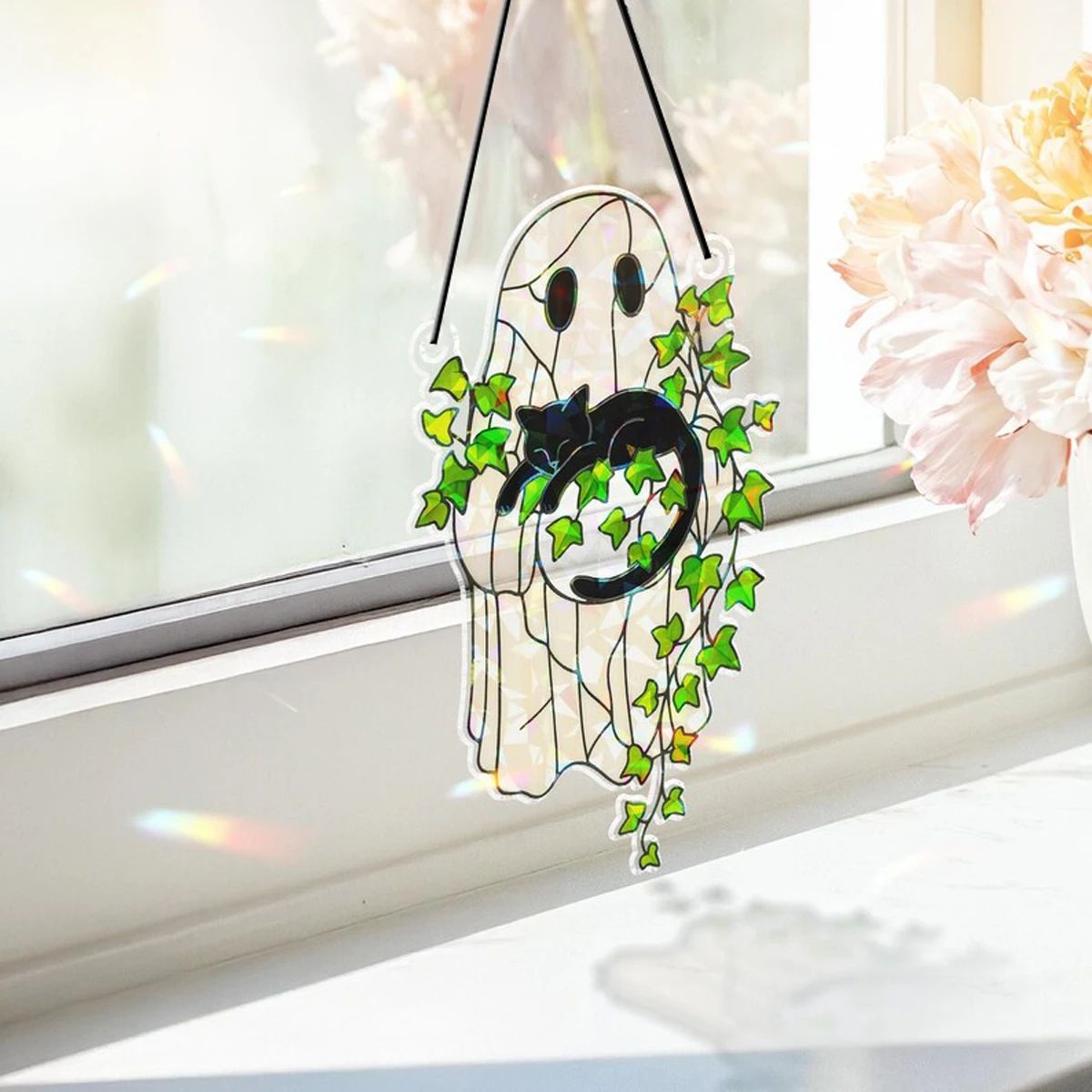 Halloween Suncatcher Fensterbild | Geist mit Katze & Blatt-Motiv | Acryl-Anhänger, lichtdurchlässig für Fenster & Wand 2