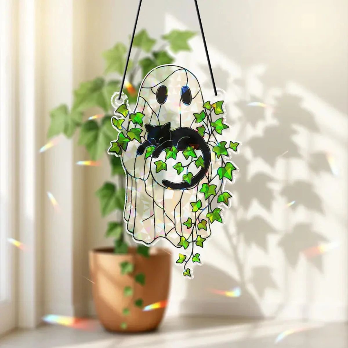 Halloween Suncatcher Fensterbild | Geist mit Katze & Blatt-Motiv | Acryl-Anhänger, lichtdurchlässig für Fenster & Wand 3
