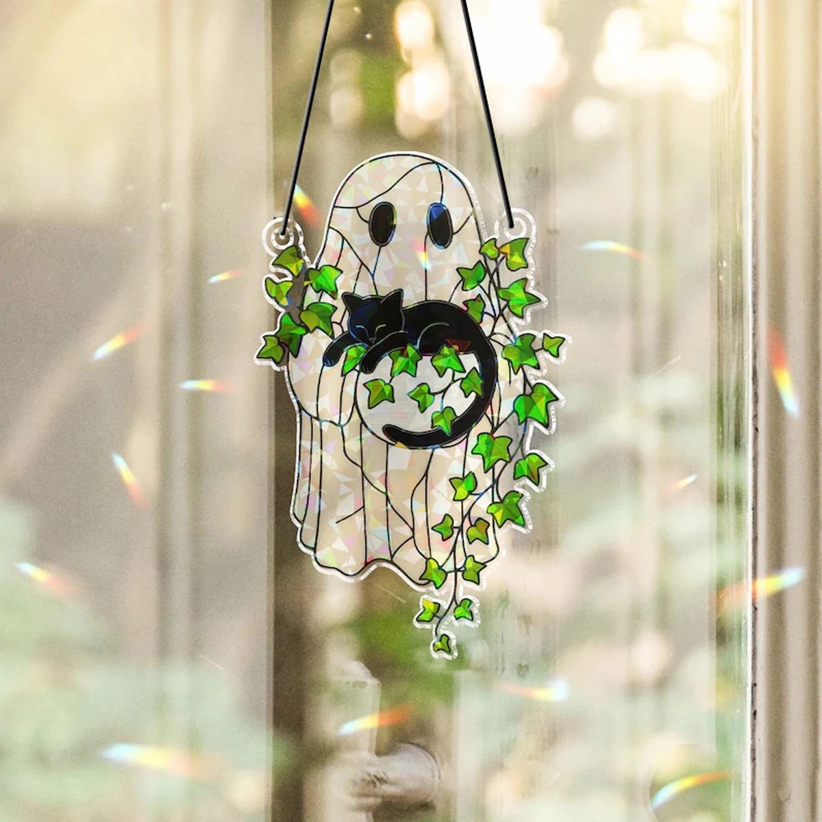 Halloween Suncatcher Fensterbild | Geist mit Katze & Blatt-Motiv | Acryl-Anhänger, lichtdurchlässig für Fenster & Wand 4
