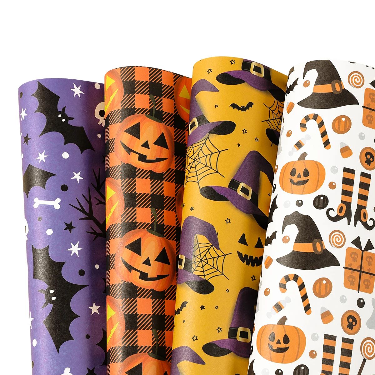 Halloween Geschenkpapier Geister, Kürbisse & Fledermäuse Motiv | 4 Bogen Set | Leichtes Papier zum Verpacken & Basteln 1